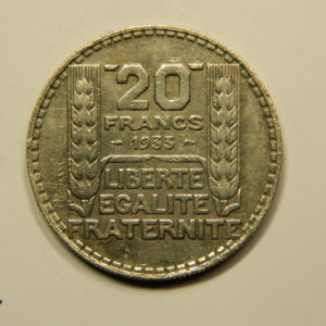 20 Francs Turin 1933 Rameaux Longs TTB Argent 680°/°°  EB90814