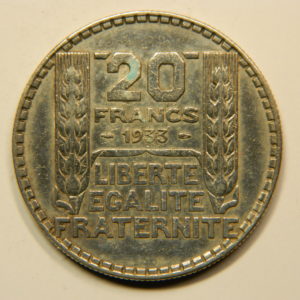 20 Francs Turin 1933 Rameaux Longs SUP Argent 680°/°°  EB90824