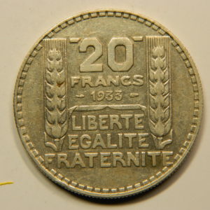 20 Francs Turin 1933 Rameaux Courts SUP Argent 680°/°°  EB90825