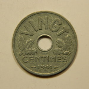 20 Centimes Type Vingt Etat Français Zinc 1941 SUP+++ EB90850
