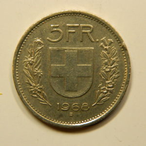 5 Francs Suisse 1968B SUP RARE Fautée Argent 835 °/°°  EB90985