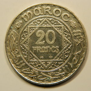 20 Francs 1352H-1933 SPL Mohamed V Argent 680°/°° MAROC EB91035