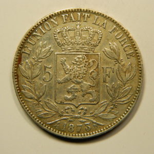 5 Francs Léopold II 1873 TTB+/SUP Belgique Argent 900 °/°°  EB91073