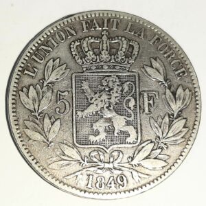 5 Francs Léopold 1er Tète nue 1849 TTB- Belgique Argent 900 °/°°  EB91386